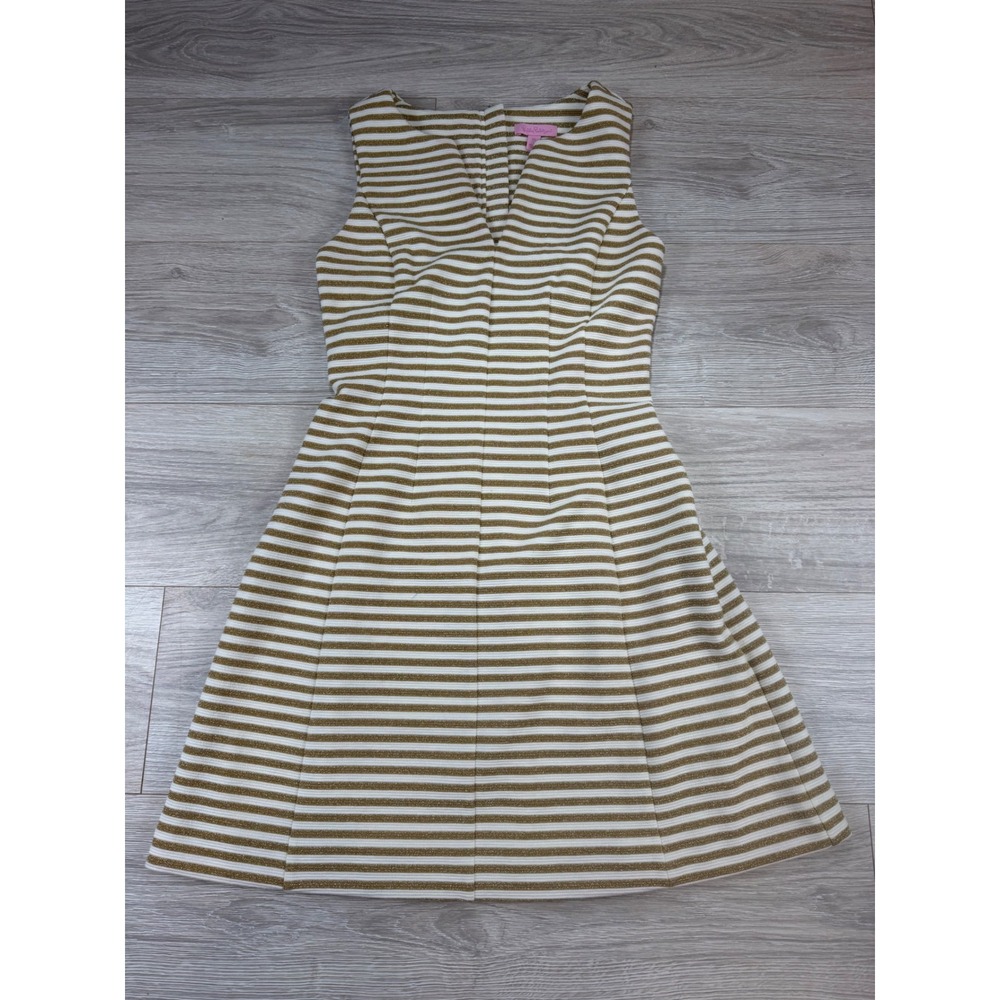 Lilly Pulitzer Dress Womens XS White Gold Metallic Stripe Fit Flare V-Neck 81397